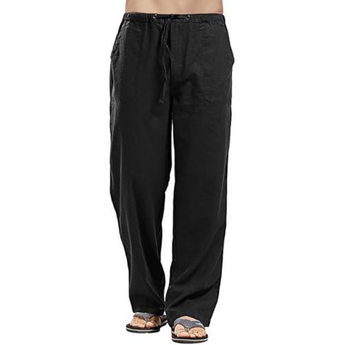 Remxi Herren-Leinenhose, lockere Passform, Strandhose, leicht, Kordelzug, elastische Taille, gerade Beine, Schwarz , XXL von Remxi
