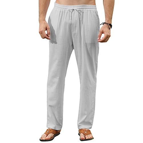 Remxi Herren Leinenhose Lang Loose Fit Freizeithose Leinen mit Kordelzug Straight Regular Fit Herrenhosen Lockere lässige Sporthose Grau L von Remxi