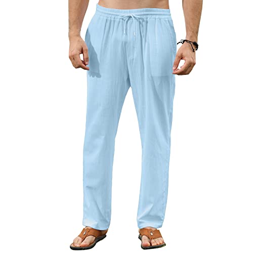 Remxi Herren Leinenhose Lang Loose Fit Freizeithose Leinen mit Kordelzug Straight Regular Fit Herrenhosen Lockere lässige Sporthose Hellblau M von Remxi