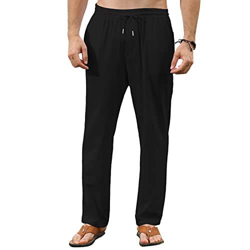 Remxi Herren Leinenhose Lang Loose Fit Freizeithose Leinen mit Kordelzug Straight Regular Fit Herrenhosen Lockere lässige Sporthose Schwarz XXL von Remxi