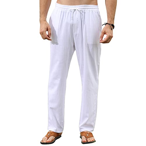 Remxi Herren Leinenhose Lang Loose Fit Freizeithose Leinen mit Kordelzug Straight Regular Fit Herrenhosen Lockere lässige Sporthose Weiß M von Remxi