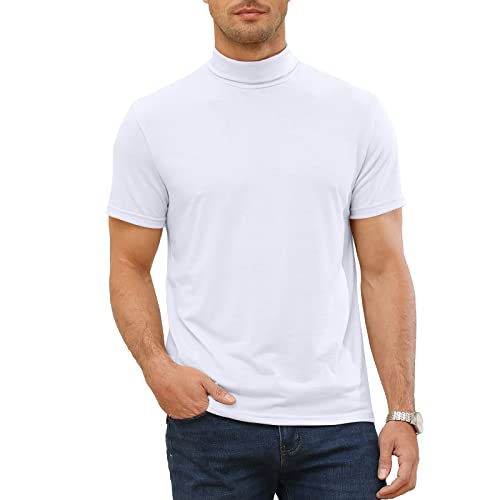 Remxi Herren T-Shirts High Neck Kurzarm Thermo Unterwäsche Einfarbig Elastische Oberteile, Mens Casual Basic Tops, Weiß 2XL von Remxi