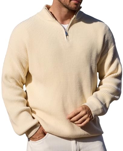 Remxi Herren Zip Pullover Langarm Strickpullover Turtleneck Winterpullover Feinstrick Sweater Basic Männer Warm Strukturiert Aprikose 2XL von Remxi