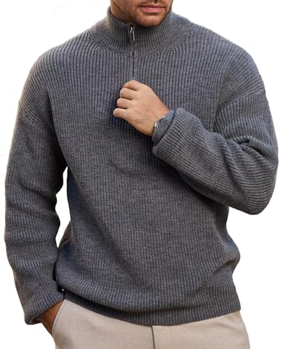 Remxi Herren Zip Pullover Langarm Strickpullover Turtleneck Winterpullover Feinstrick Sweater Basic Männer Warm Strukturiert Grau XL von Remxi