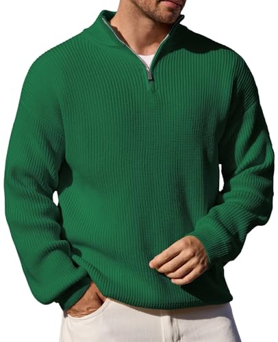 Remxi Herren Zip Pullover Langarm Strickpullover Turtleneck Winterpullover Feinstrick Sweater Basic Männer Warm Strukturiert Grün M von Remxi