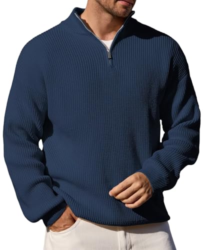 Remxi Herren Zip Pullover Langarm Strickpullover Turtleneck Winterpullover Feinstrick Sweater Basic Männer Warm Strukturiert Navyblau L von Remxi