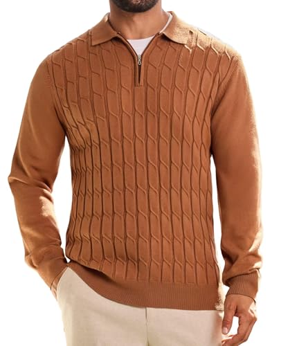Remxi Herren Zip Strickpullover Langarm Pullover Hemd Klassisches Warm Strukturiert Poloshirt Herbst Winter Polokragen Strickjacken Braun M von Remxi