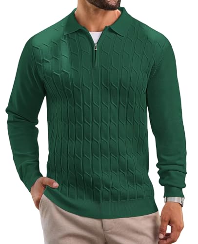 Remxi Herren Zip Strickpullover Langarm Pullover Hemd Klassisches Warm Strukturiert Poloshirt Herbst Winter Polokragen Strickjacken Grün L von Remxi