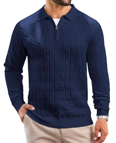 Remxi Herren Zip Strickpullover Langarm Pullover Hemd Klassisches Warm Strukturiert Poloshirt Herbst Winter Polokragen Strickjacken Navyblau 2XL von Remxi