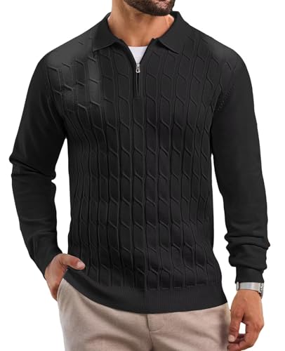 Remxi Herren Zip Strickpullover Langarm Pullover Hemd Klassisches Warm Strukturiert Poloshirt Herbst Winter Polokragen Strickjacken Schwarz 2XL von Remxi
