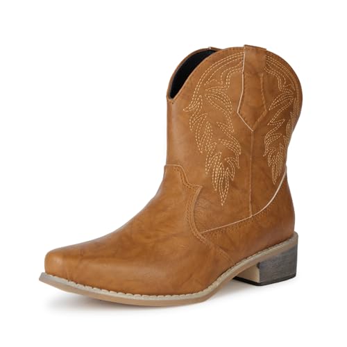 Remxi Western-Cowboystiefel für Damen, Stiefeletten, niedrig, klobig, spitzer Zehenbereich, Cowgirl-Stiefel, PU-Leder, Hellbraun, 41 EU Remxi Western-Cowboystiefel für Damen, Stiefeletten, niedrig, klobig, spitzer Zehenbereich, Cowgirl-Stiefel, PU-Leder, Hellbraun, 41 EU von Remxi