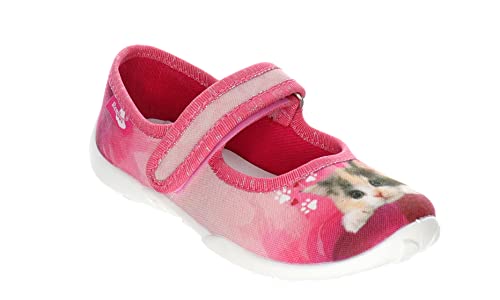 RenBut Mädchen Hauschuhe mit Klettverschlus Kinder Textilschuhe Lederinnensohle (Amarant Katze, 35 EU) von RenBut