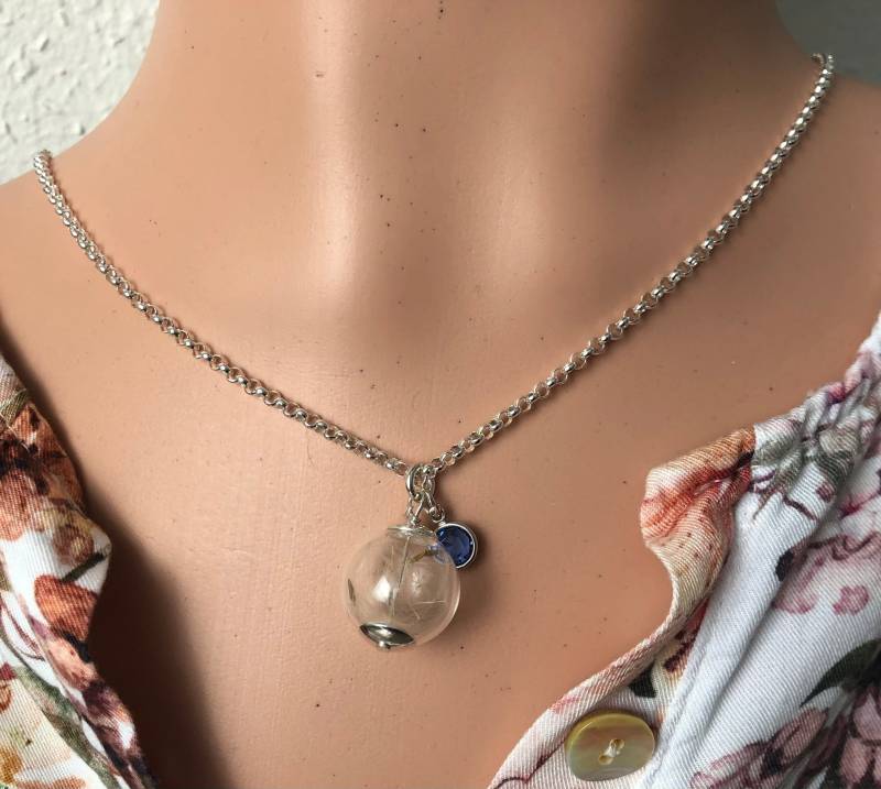 925 Silber Kette Mit Glaskugel & Pusteblumensamen - Funkelndem Monatssteinanhänger 925 Silber Kette Mit Glaskugel & Pusteblumensamen - Funkelndem Monatssteinanhänger von RenaPearls