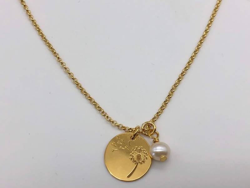 Echt Silber Kette Mit Gestempelten Plättchenanhänger, Pusteblume, 925 von RenaPearls