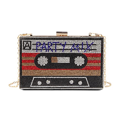 Renabro Damen Retro Radio Form Crossbody Tasche Strass Metall Vintage Abend Clutch Geldbörsen, Rote Party von Renabro