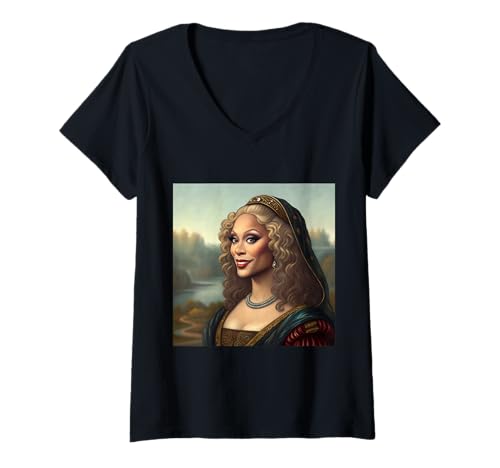Damen Mona Lisa inspiriertes Drag Queen Portrait mit Glam-Stil T-Shirt mit V-Ausschnitt Damen Mona Lisa inspiriertes Drag Queen Portrait mit Glam-Stil T-Shirt mit V-Ausschnitt von Renaissance Glow Art