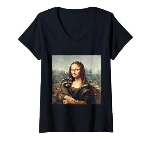 Damen Mona Lisa hält Waschbär lustige Tier-Mashup-Kunst T-Shirt mit V-Ausschnitt Damen Mona Lisa hält Waschbär lustige Tier-Mashup-Kunst T-Shirt mit V-Ausschnitt von Renaissance Whimsy