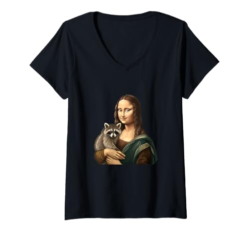 Damen Mona Lisa hält Waschbär lustige Tier-Mashup-Kunst T-Shirt mit V-Ausschnitt Damen Mona Lisa hält Waschbär lustige Tier-Mashup-Kunst T-Shirt mit V-Ausschnitt von Renaissance Whimsy
