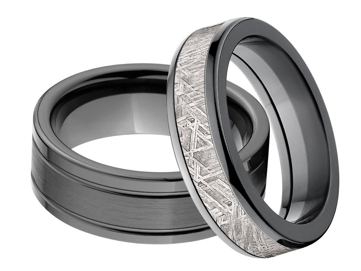 Schwarze Zirkonia Ring Set Meteorit Inlay, His & Hers von RenaissanceJewelry