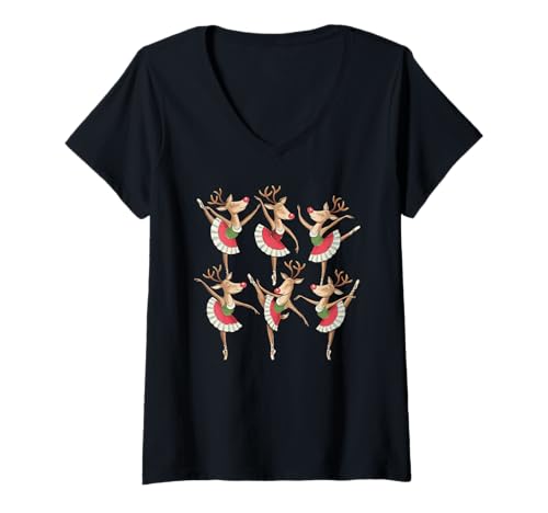 Damen Rendeer Vintage Dancer Lustiges Weihnachtsballett T-Shirt mit V-Ausschnitt von Rendeer Vintage Dancer Funny Christmas Ballet