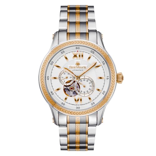 René Mouris Corona Automatikuhren Für Herren – 44MM Halbskelettuhr Aus 316L Edelstahl (Silbernes Zifferblatt – Lünette und Armband in Zwei Farben Roségold – Roségold Applikation) von René Mouris