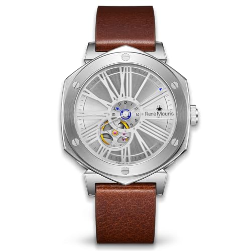 René Mouris Mythique le Monde 43MM Japanisches Automatikuhren für Herren – Semi-Skelett-Zifferblatt, Saphirglas, 100M Wasserdicht – Armbanduhr aus 316L Edelstahl mit Lederarmband von René Mouris