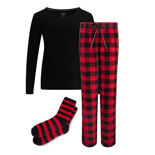 3-teiliges Pyjama-Geschenk-Set – Baumwolle Langarm Oberteil, Plüsch-Fleece-Hose und gemütliche Socken Geschenkset – Weihnachtspyjama für Frauen, rotem Karo, L von Rene Rofe