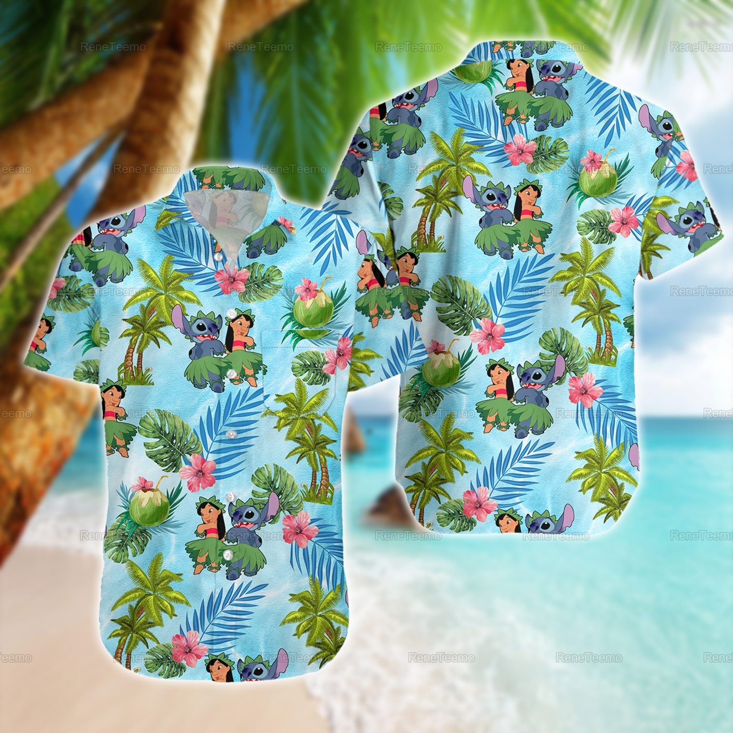 Stitch Kokosnuss Hawaiihemd, Lilo Und Hawaii Hemd, Strand Shirt, Stich Sommer Urlaubs Shirt von ReneTeemo