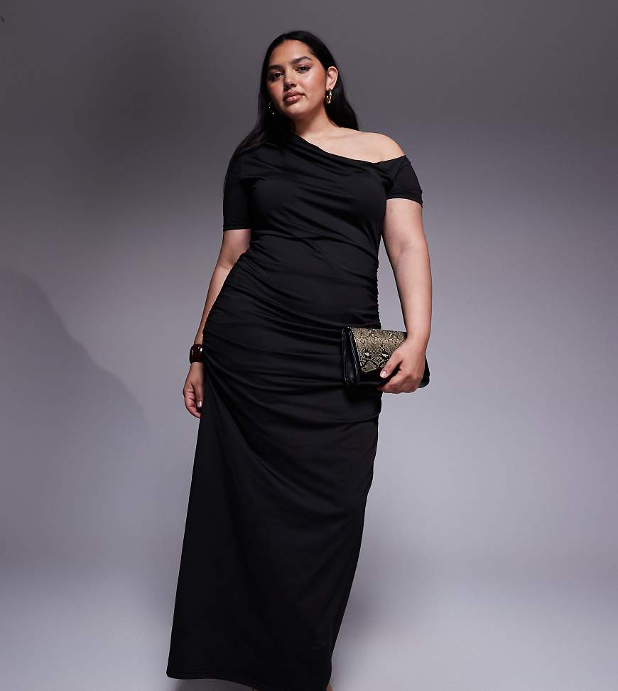 Renée Studio - Doppellagiges, formendes, figurbetontes Maxikleid in Schwarz mit gerafftem, drapiertem Detail und asymmetrischer Schulterpartie von Renee Studio