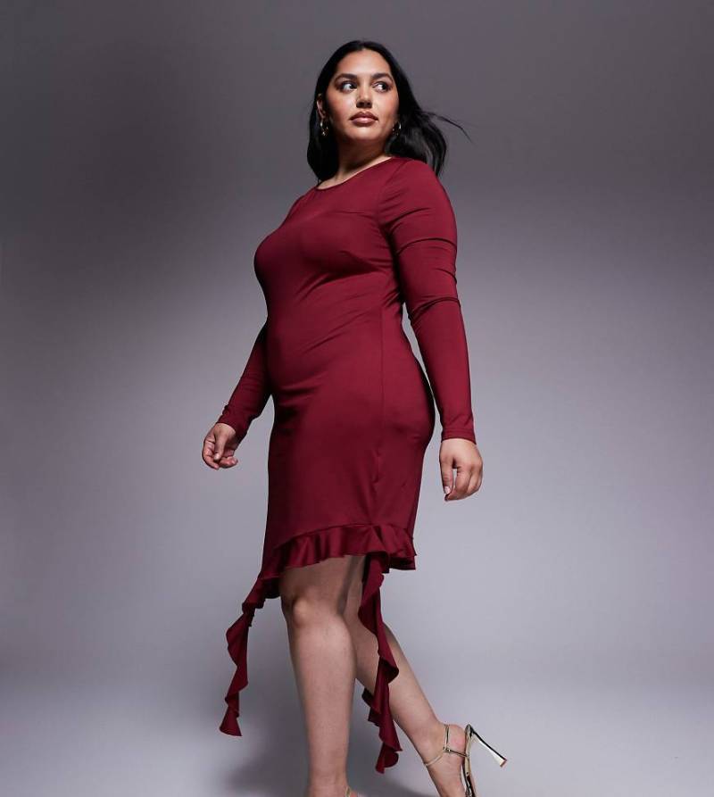 Renée Studio - Doppellagiges, formendes, figurbetontes Minikleid in Burgunderrot mit langen Ärmeln, asymmetrischem Rüschensaum und Drapierungsdetails von Renee Studio