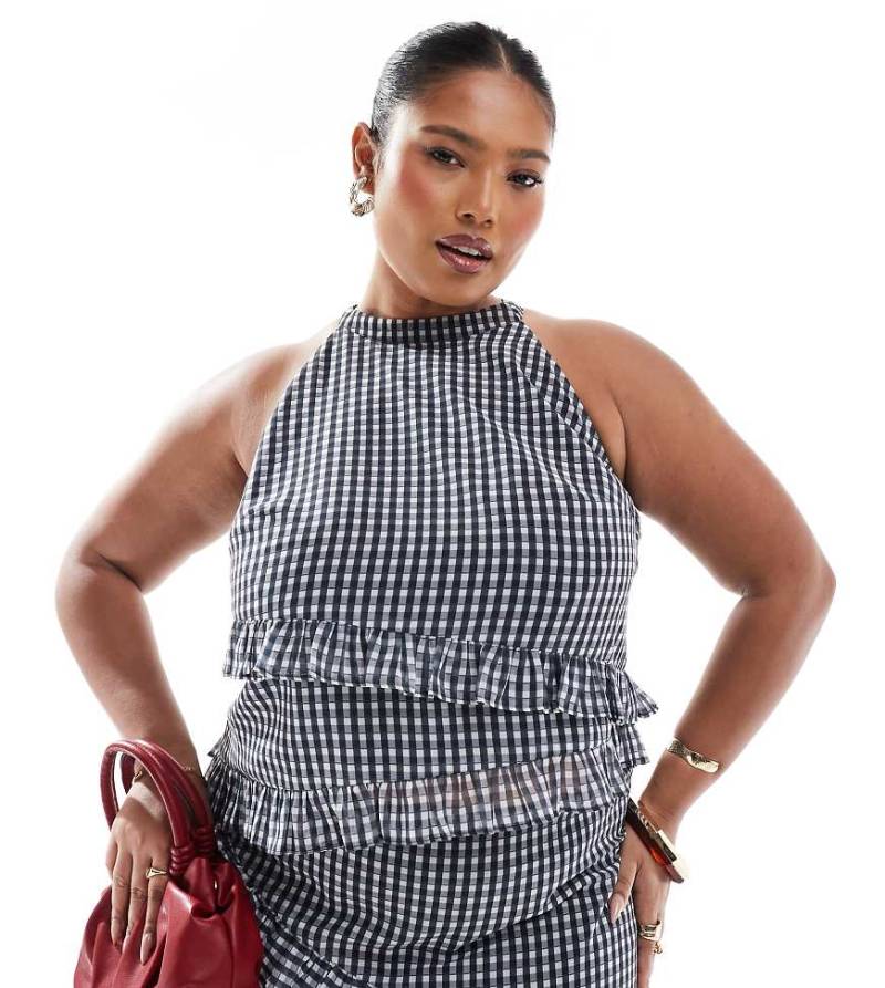 Renée Studio Plus - Exklusiv - Ärmelloses Neckholder-Oberteil in grau kariert mit asymmetrischer Rüschenverzierung, Kombiteil-Bunt von Renee Studio