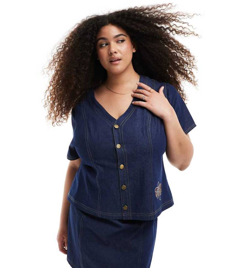 Renée Studio Plus - Exklusiv - Kurzärmliges Jeans-Oberteil in dunkelblauer Waschung mit durchgehender Knopfleiste, Kombiteil von Renee Studio