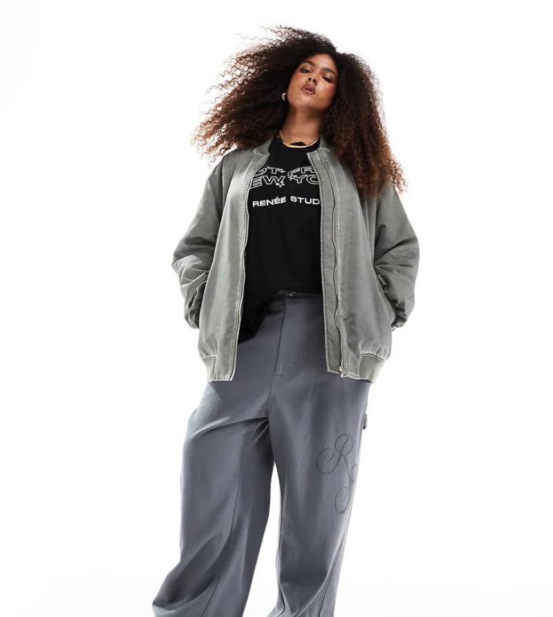 Renee Studio Plus - Exklusive Hose in Grau mit hohem Bund, Logostickerei und weitem Bein von Renee Studio