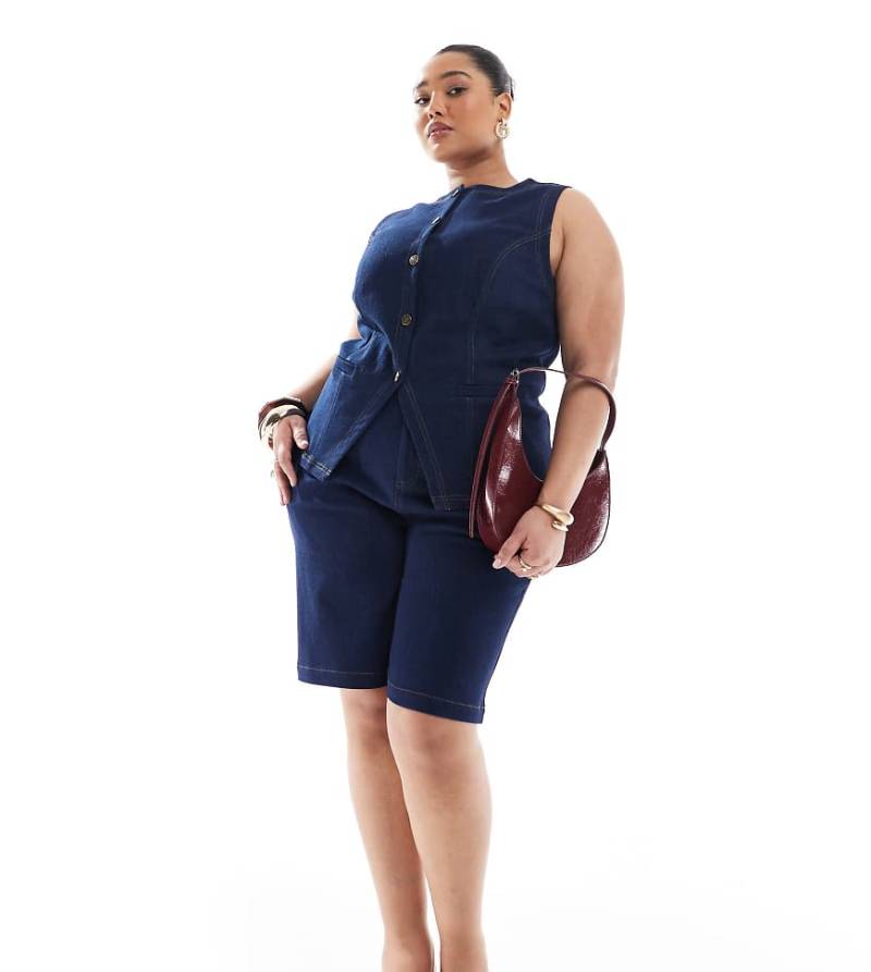 Renée Studio Plus - Exklusive Jeansweste in dunkler Waschung mit Knopfleiste, Kombiteil-Marineblau von Renee Studio