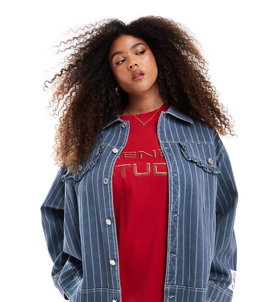 Renée Studio Plus - Exklusive Oversize-Jacke in Blau gestreift mit gerafftem Taschendetail, Kombiteil-Bunt von Renee Studio