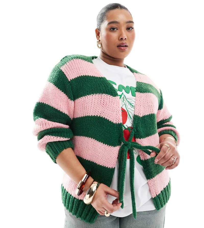 Renée Studio Plus - Exklusive Strickjacke in Rosa und Grün gestreift mit gebundener Vorderseite-Bunt von Renee Studio