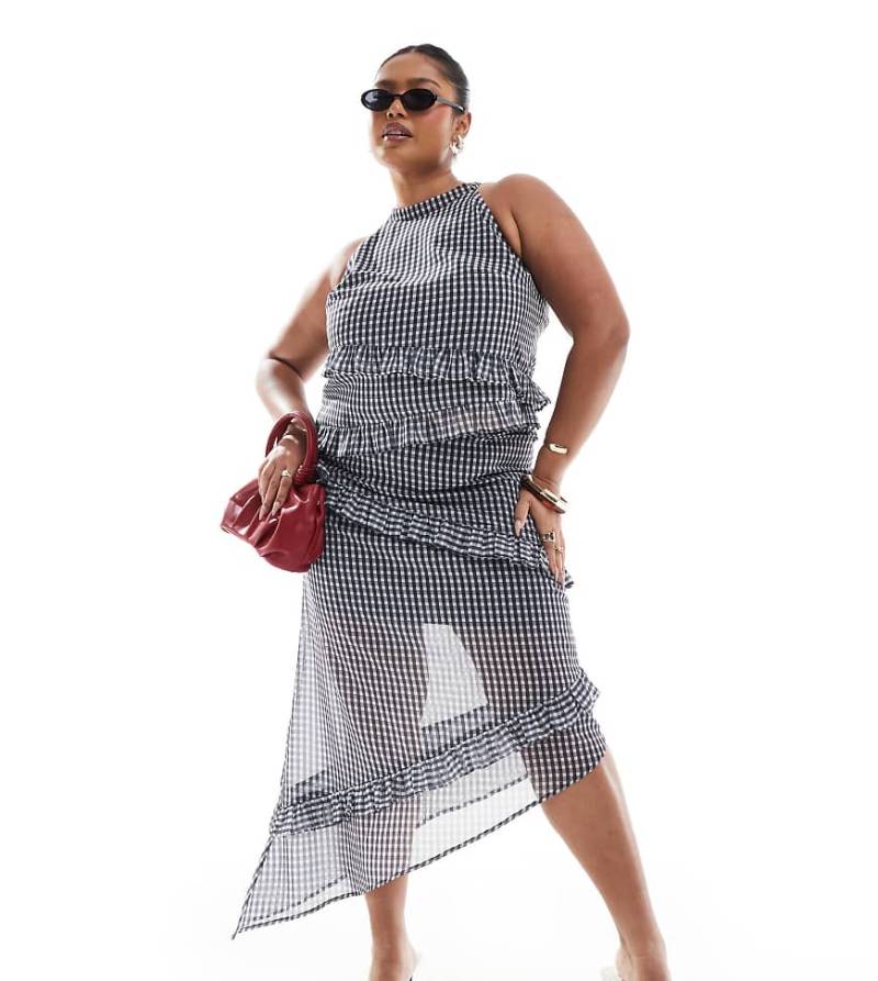 Renee Studio - Exklusiver, asymmetrischer Midirock mit Rüschenbesatz und grauem Karomuster, Kombiteil-Bunt von Renee Studio