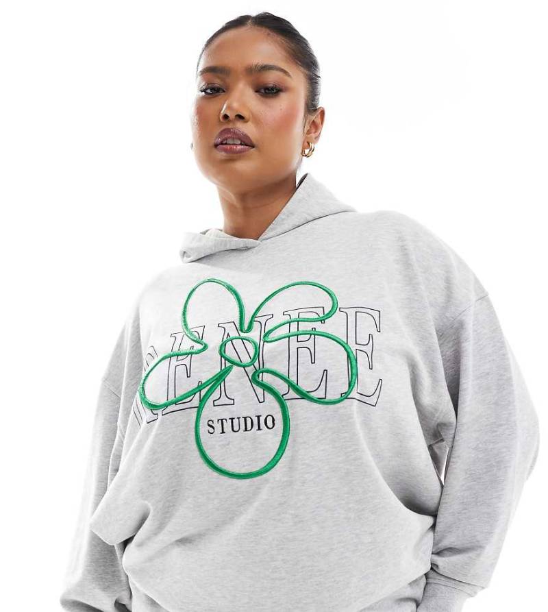 Renee Studio Plus - Exklusiver Oversize-Kapuzenpullover in Grau mit aufgesticktem Blumenlogo, Kombiteil von Renee Studio