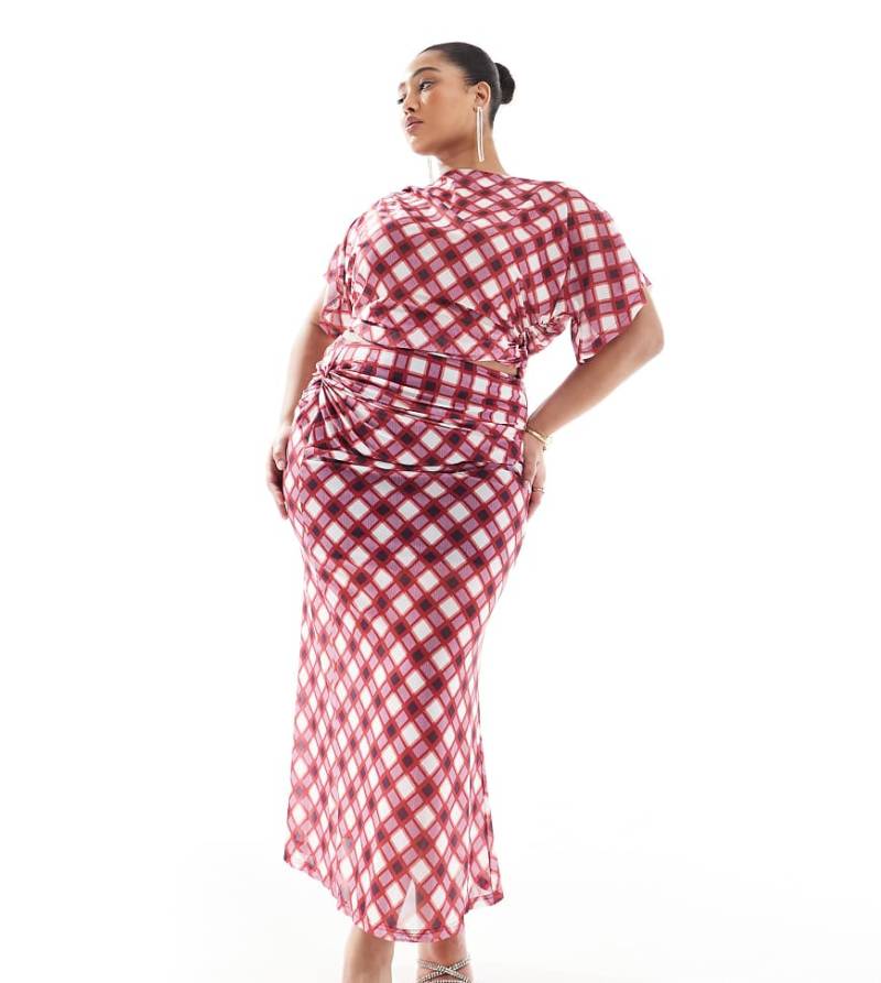 Renée Studio Plus - Exklusiver Maxirock aus Netzstoff mit Karomuster in Rot-Bunt und gerafftem, verdrehtem Detail, Kombiteil von Renee Studio