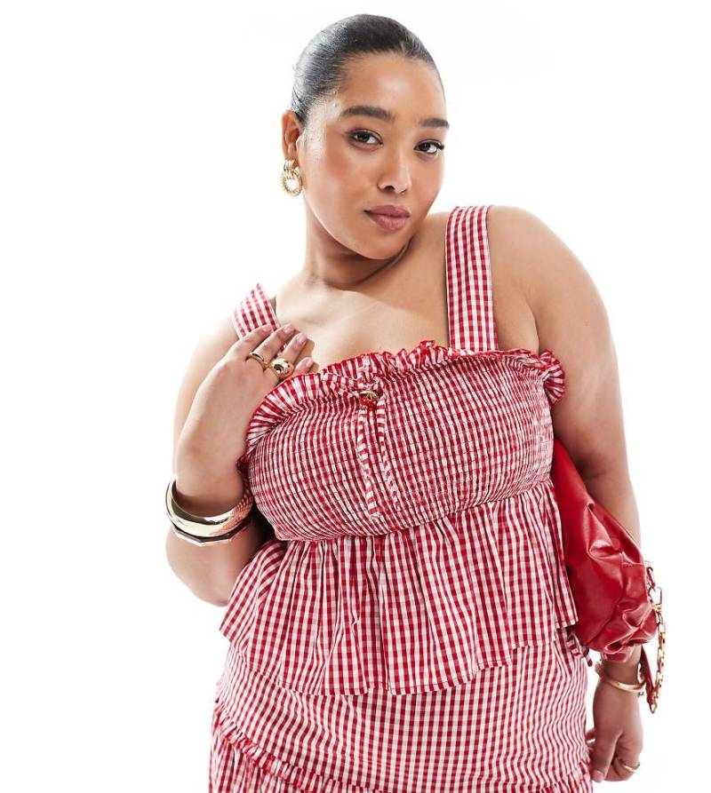 Renée Studio Plus - Exklusives, gesmoktes Oberteil mit Vichy-Karos in Rot und Kirsch-Schleifendetail, Kombiteil-Bunt von Renee Studio