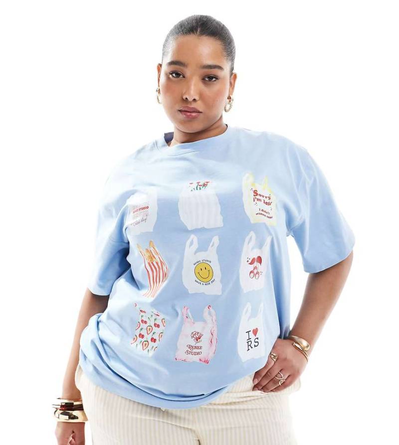 Renée Studio Plus - Exklusives T-Shirt in Blau mit Taschen-Prints und Logo von Renee Studio