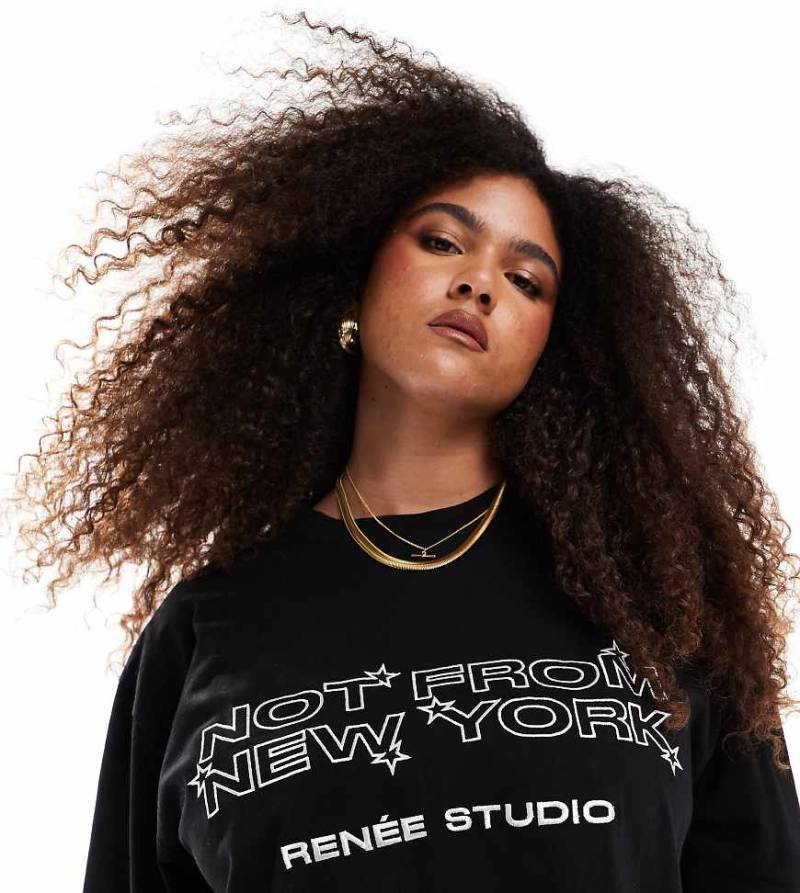 Renée Studio Plus - Exklusives T-Shirt in Schwarz mit „Not From New York"-Schriftzug von Renee Studio