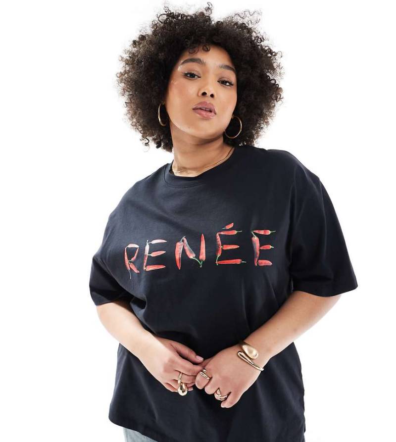 Renée Studio Plus - Exklusives T-Shirt in Schwarz mit Chili-Logoprint von Renee Studio