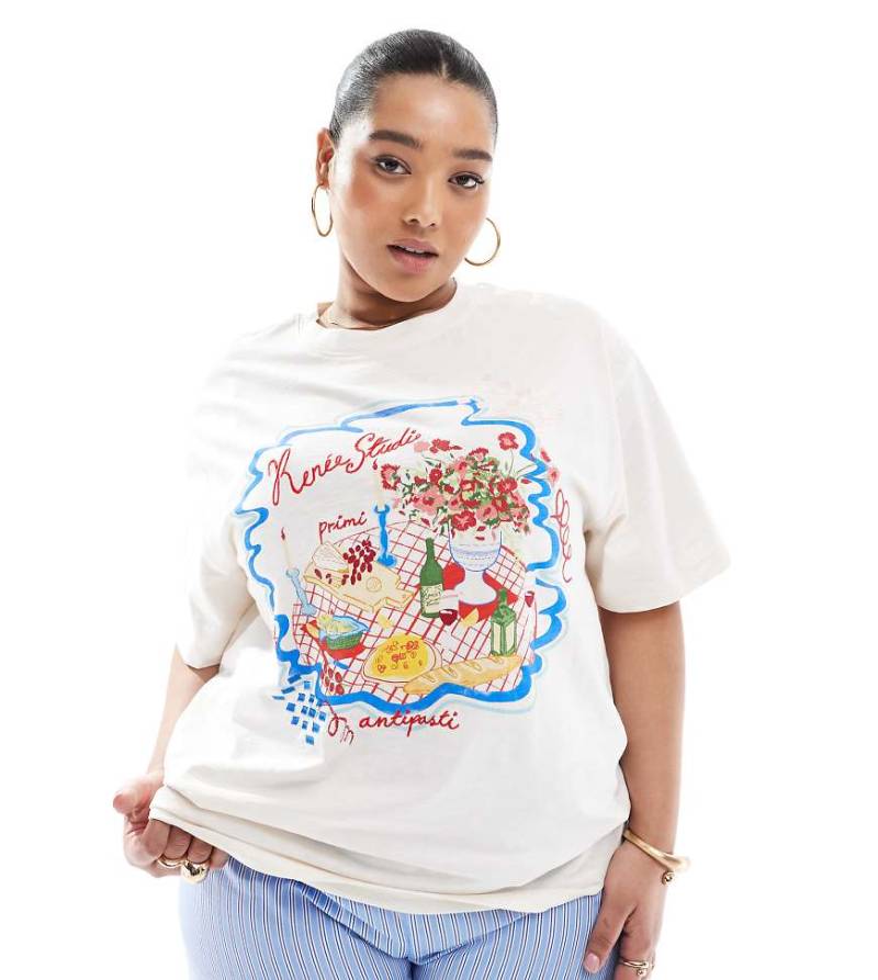 Renée Studio Plus - Exklusives T-Shirt in Weiß mit Logo und Picknick-Print von Renee Studio
