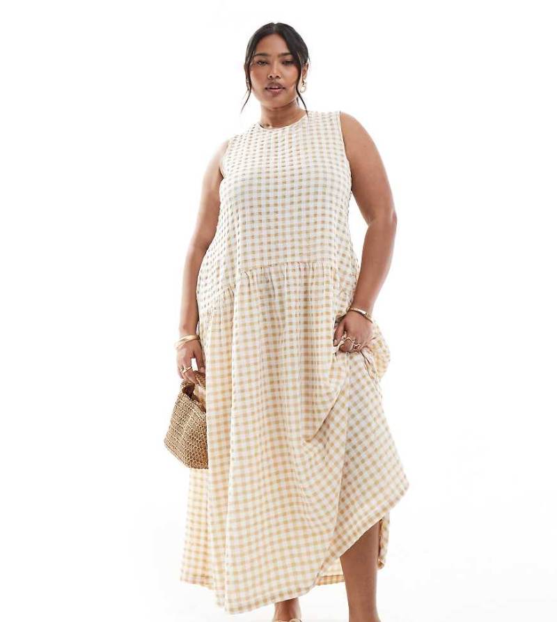 Renée Studio Plus - Exklusives ärmelloses Hänger-Maxikleid mit Vichykaros in Beige und Rückenausschnitt mit Schnürung-Bunt von Renee Studio