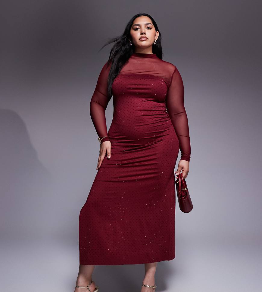 Renée Studio - Hochgeschlossenes Maxikleid aus Netzstoff in Burgunderrot mit Hotfix-Verzierung und seitlichem Schlitz von Renee Studio