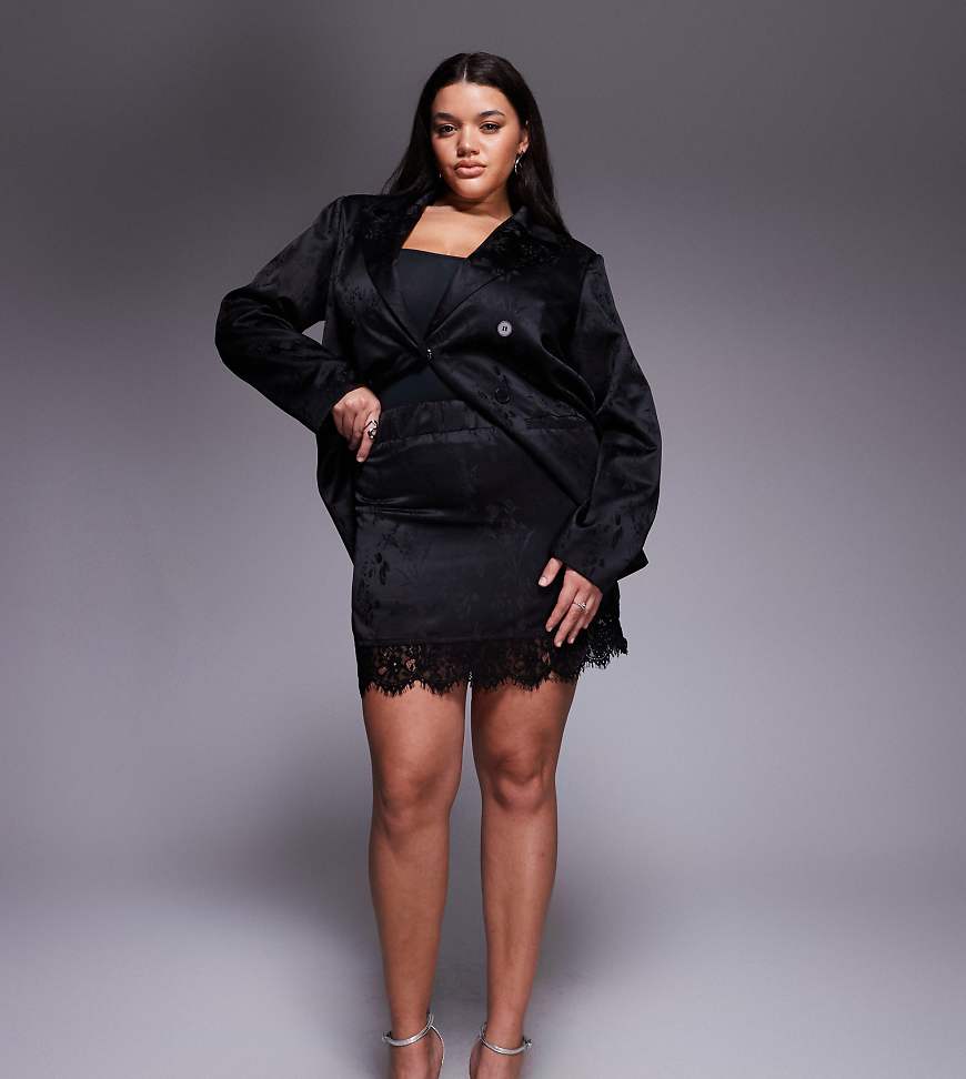 Renée Studio - Minirock aus floral gemustertem Satin-Jacquard mit Spitzenbesatz in Schwarz, Kombiteil von Renee Studio