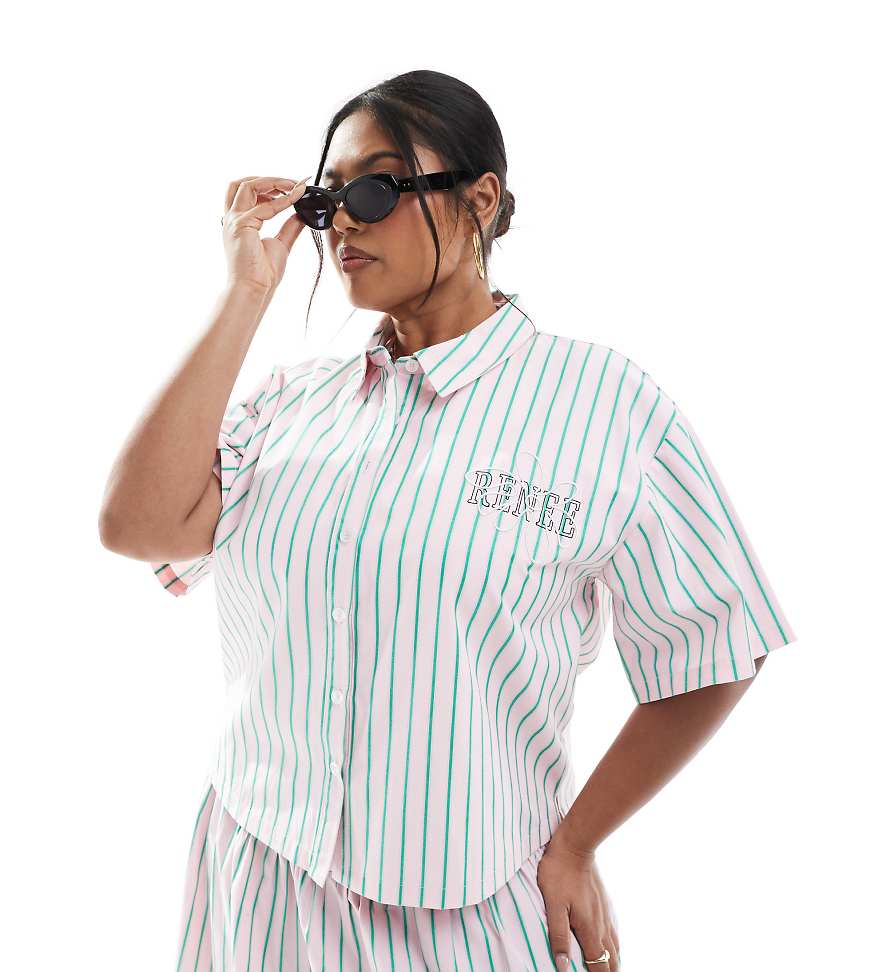 Renée Studio Plus - Exklusiv - Cropped Hemd in Rosa mit grünen Streifen und Knopfleiste, Kombiteil-Bunt von Renee Studio