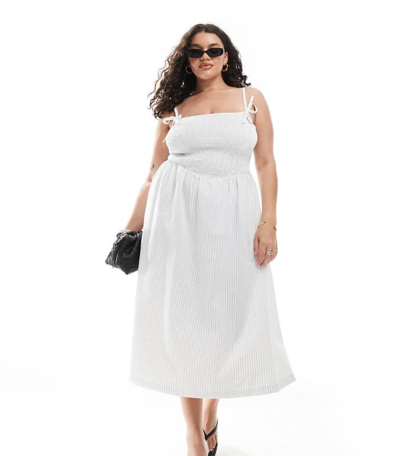 Renee Studio Plus - Exklusives, gesmoktes Midikleid in Weiß mit schwarzen Streifen-Bunt von Renee Studio