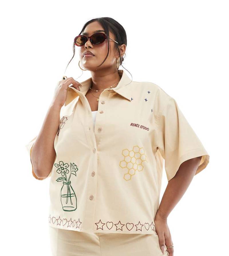 Renée Studio Plus - Exklusiv - Hemd aus Leinenmix in Beige mit Knopfleiste und aufgestickten Details, Kombiteil-Neutral von Renee Studio